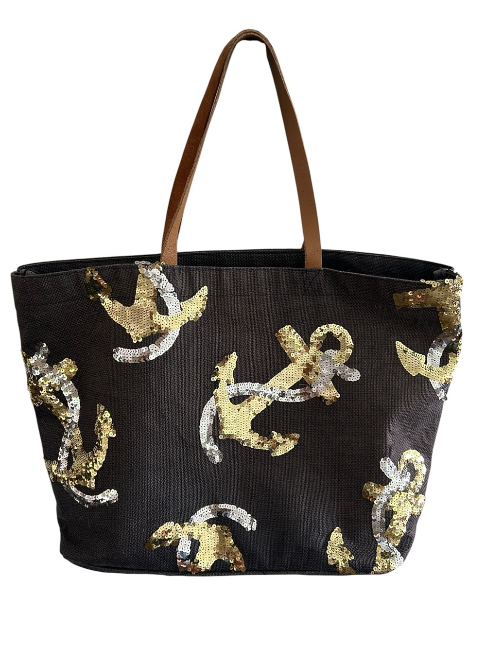 Mud Pie Black Jute Sequin Anchor Tote Bag – Coastal Resort Beach Bag